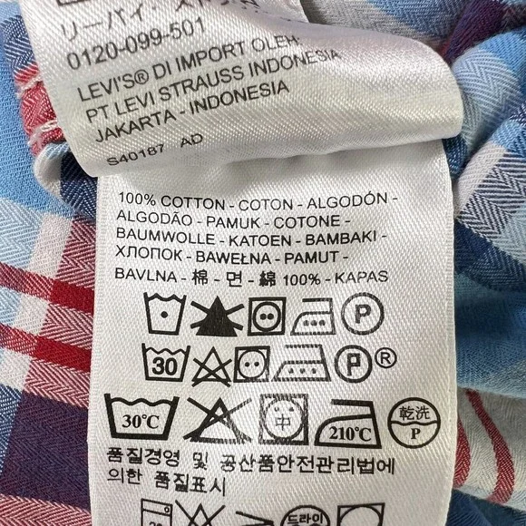 Levis Modern Fit Hooded Button Up L/S Shirt Mens Medium Red White Blue Plaid - Picture 11 of 16